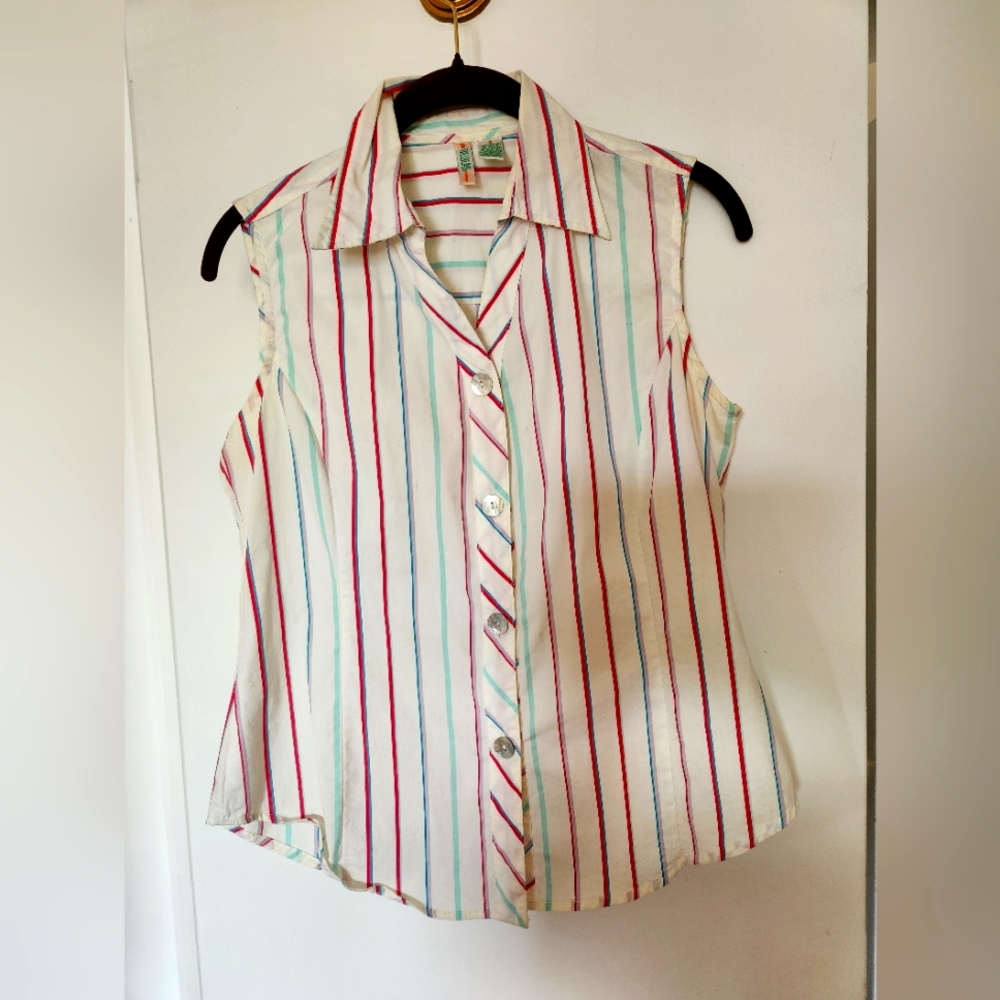 Bill Blass White Sleeveless Button Down Shirt with Colorful Striping